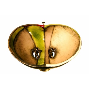 A view of the Adam & Eve bowl from above, front. The shape is visible, including the brass "stem" - it is a halved apple-inspired shape!