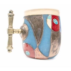 View of entire mug in all its splendor - imagine the impression such a fine chalice can inspire. This is the example of the general form of the Blue Sky mugs; each piece does have some distinguishing features, whether it be a different handle, text stamp, or contour to the design, each is a unique piece. Pictured is option "DE"